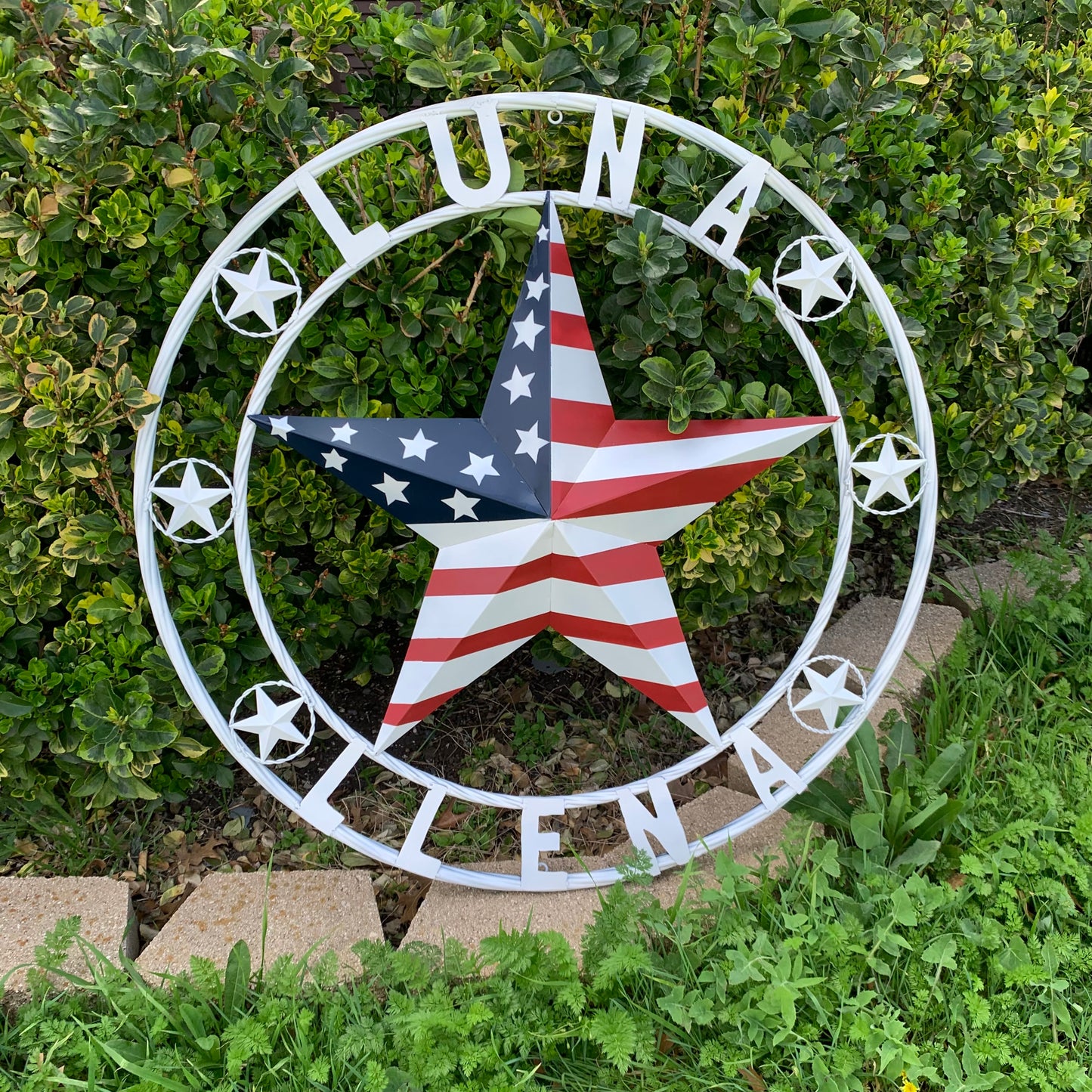 LUNA STYLE CUSTOM NAME BARN STAR METAL STAR 3d TWISTED ROPE RING WESTERN HOME DECOR USA FLAG STAR RED WHOTE & BLUE WITH WHITE RING HANDMADE 24",32",36",50"