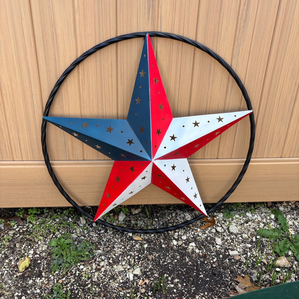 24" RED WHITE BLUE STAR USA FLAG STAR WITH SMALL STAR CUTOUT WESTERN HOME DECOR HANDMADE# EH12312