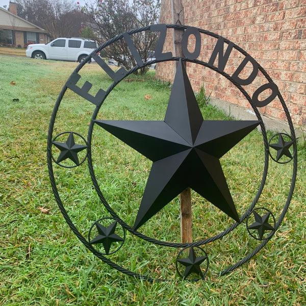 ELIZONDO STYLE CUSTOM NAME STAR BARN METAL STAR 3d TWISTED ROPE RING WESTERN HOME DECOR RUSTIC BLACK HANDMADE 24",32",36",50"