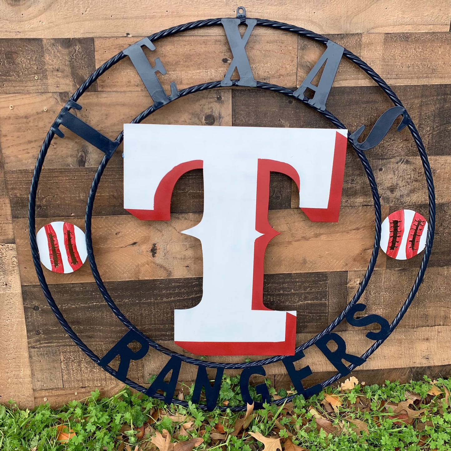 TEXAS RANGERS CUSTOM METAL VINTAGE CRAFT TEAM SIGN WHITE & RED & NAVY BLUE RING HANDMADE