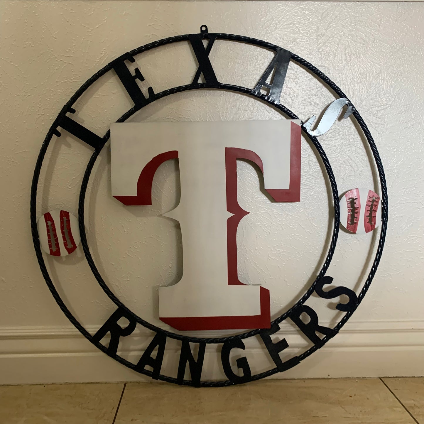 TEXAS RANGERS CUSTOM METAL VINTAGE CRAFT TEAM SIGN WHITE & RED & NAVY BLUE RING HANDMADE