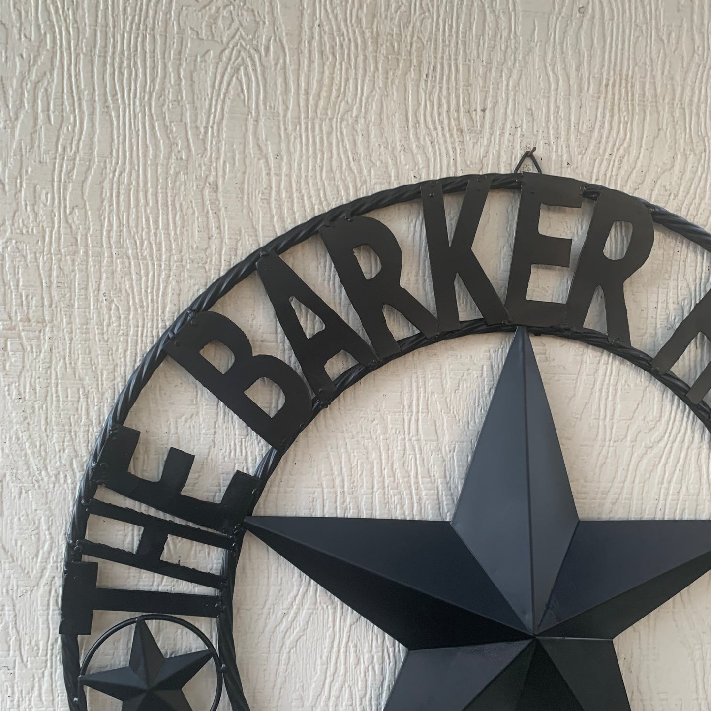 BARKER STYLE CUSTOM NAME STAR BARN METAL STAR 3d TWISTED ROPE RING LONESTAR WESTERN HOME DECOR RUSTIC BLACK HANDMADE 24",32",36",50"