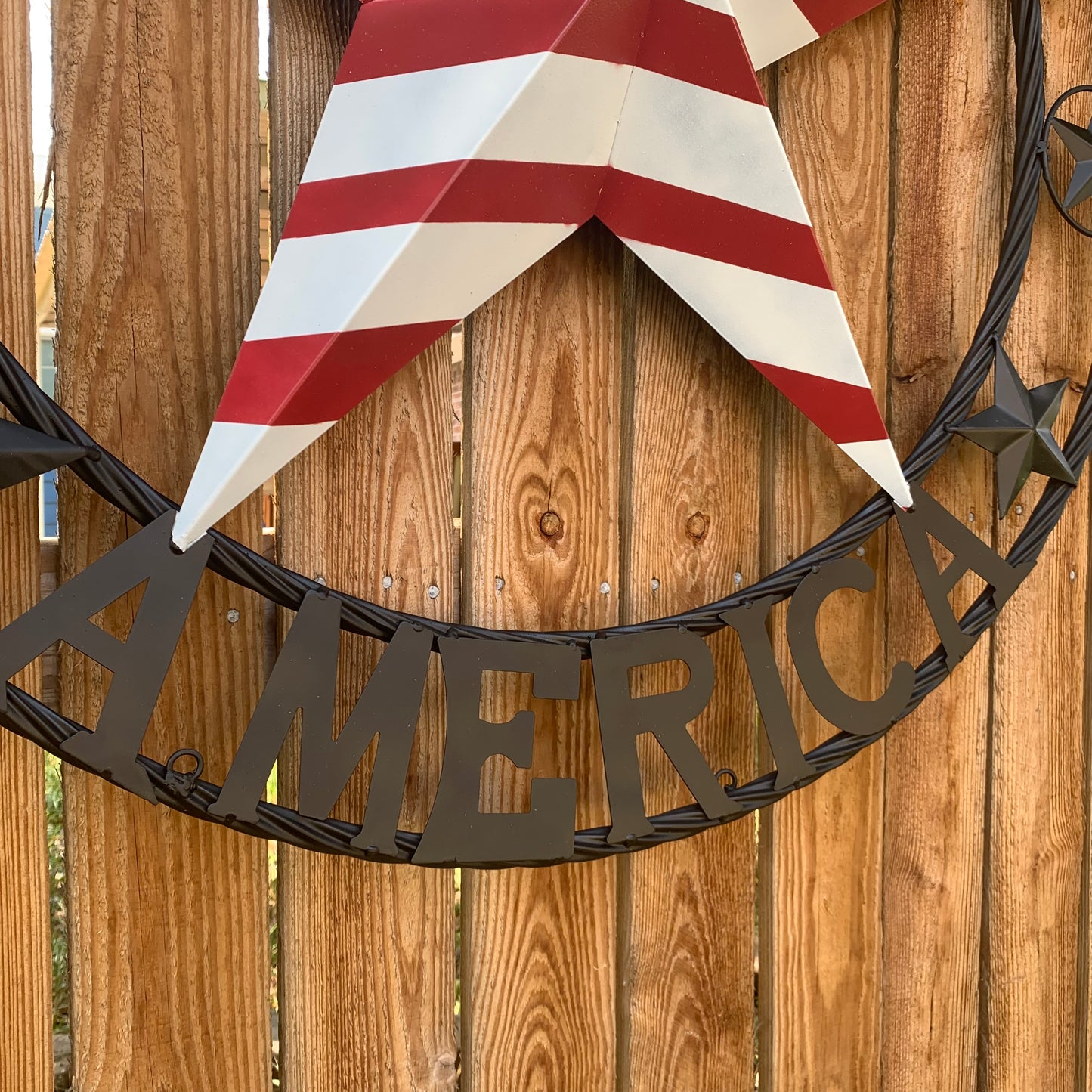 GOD BLESS AMERICA USA FLAG 3d STAR METAL BARN STAR BLACK TWISTED ROPE RING WALL ART WESTERN HOME DECOR RED WHITE & BLUE HANDMADE NEW #EH10490