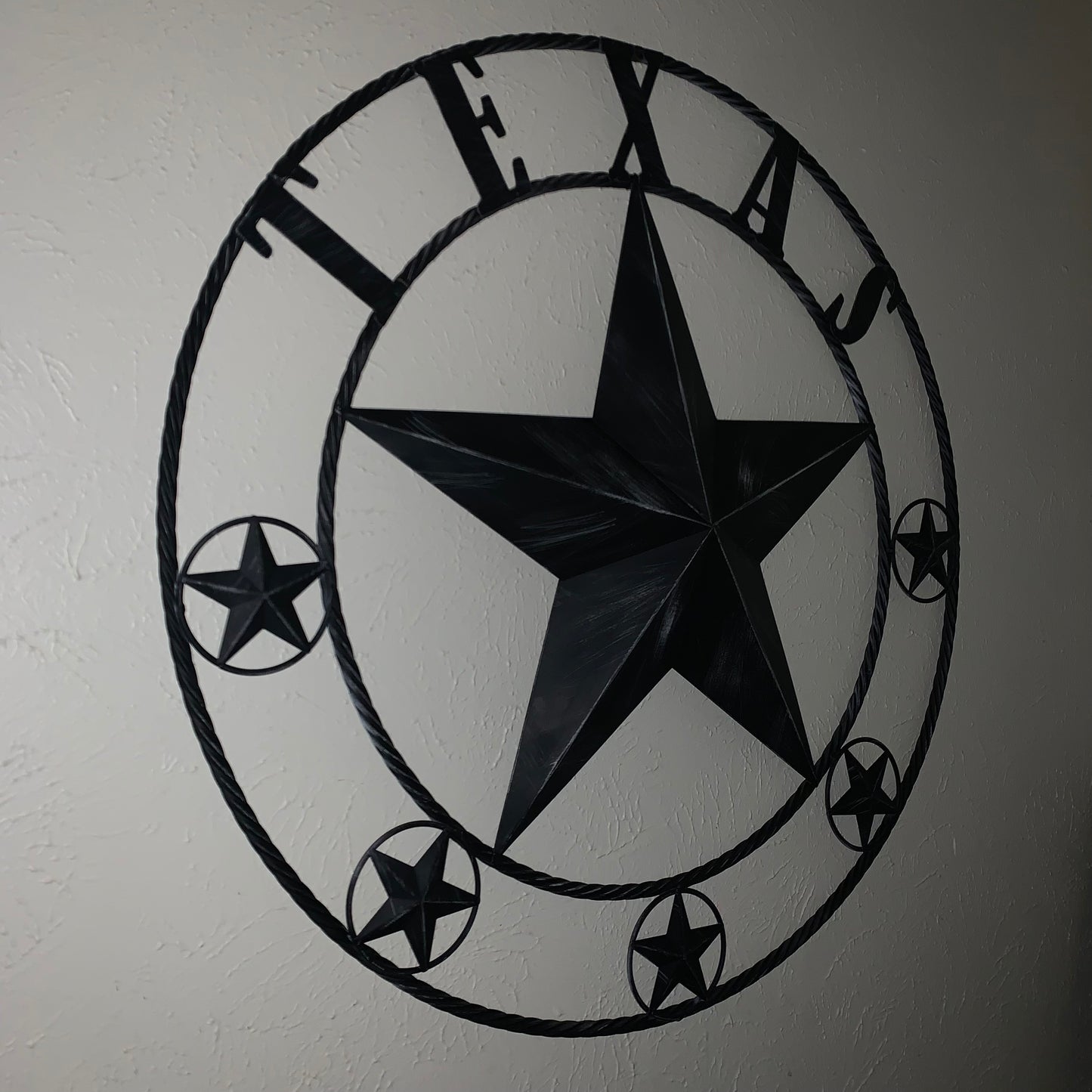 TEXAS BLACK DISTRESSED STAR TWO TONE TEXTURE BARN STAR METAL LONESTAR TWISTED ROPE RING WESTERN HOME DECOR HANDMADE NEW