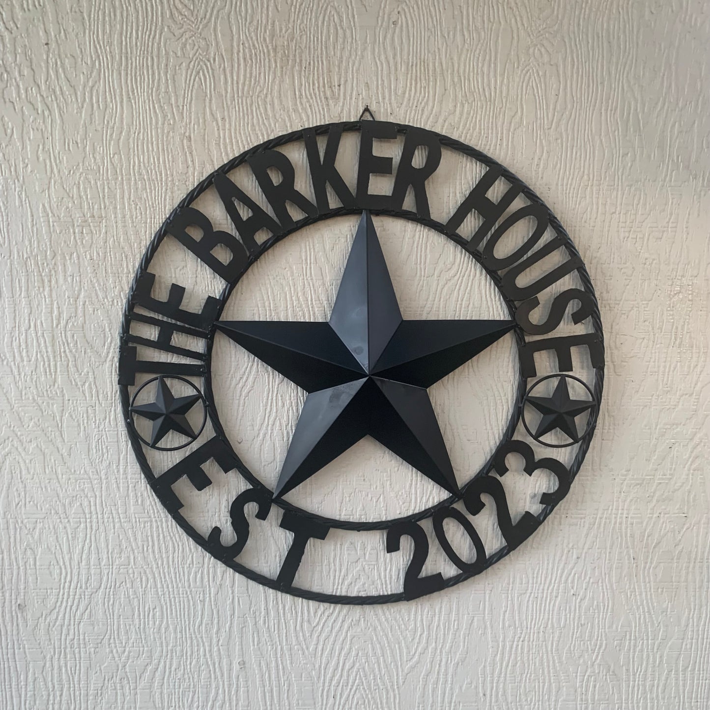 BARKER STYLE CUSTOM NAME STAR BARN METAL STAR 3d TWISTED ROPE RING LONESTAR WESTERN HOME DECOR RUSTIC BLACK HANDMADE 24",32",36",50"