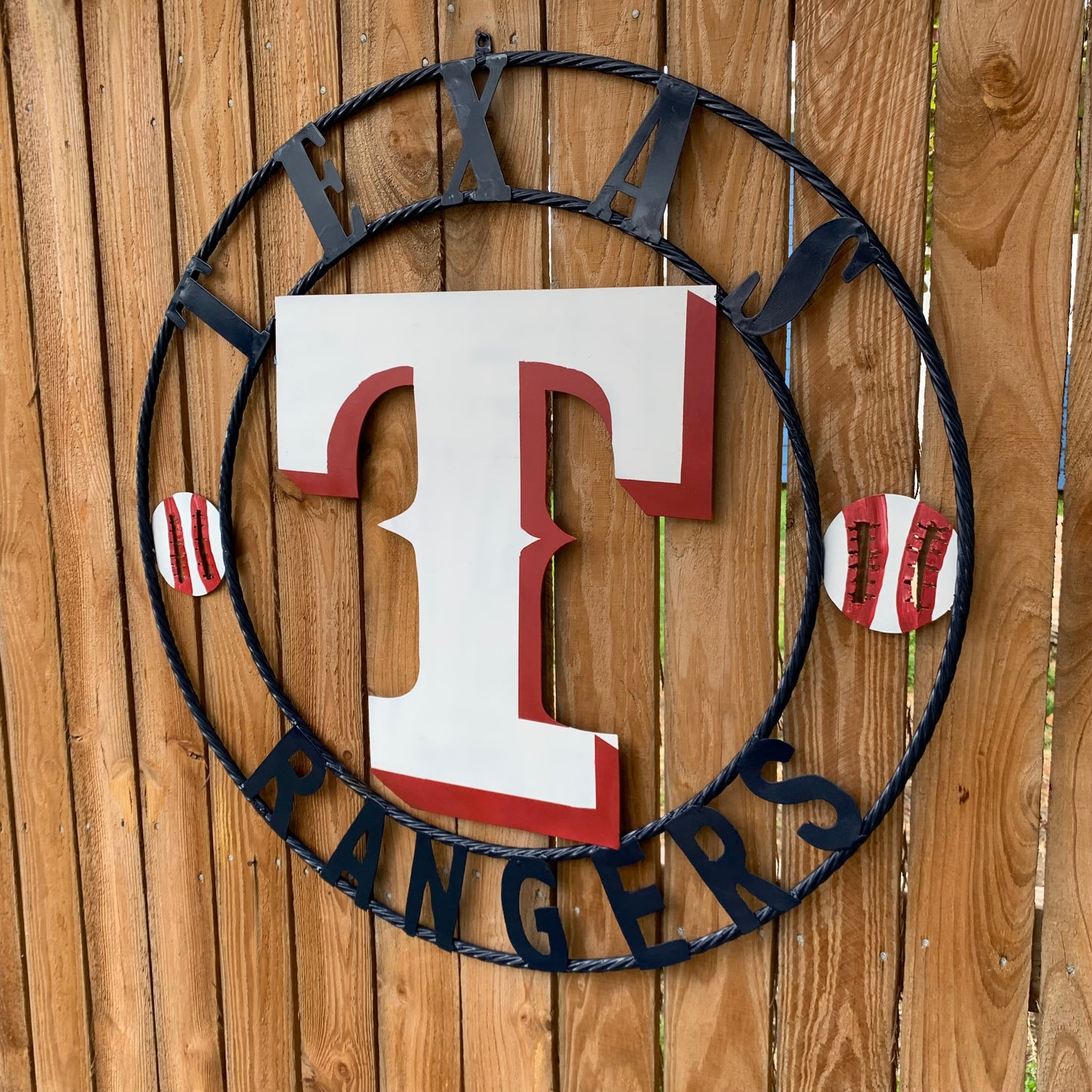 TEXAS RANGERS CUSTOM METAL VINTAGE CRAFT TEAM SIGN WHITE & RED & NAVY BLUE RING HANDMADE