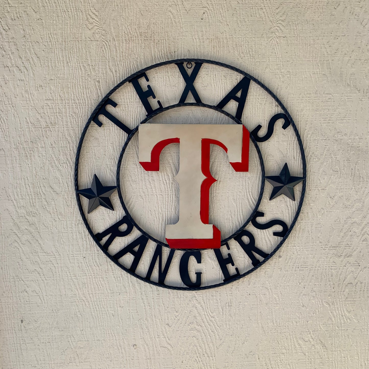 12", 18", 24", 32" TEXAS RANGERS BARN CUSTOM METAL VINTAGE CRAFT SIGN TEAM  WHITE & RED & NAVY BLUE RING & STAR HANDMADE
