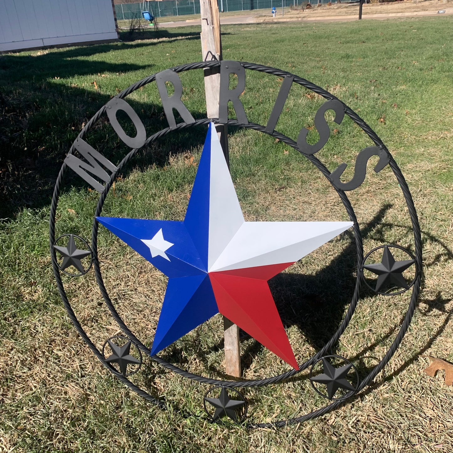 MORRISS TEXAS FLAG STYLE CUSTOM NAME STAR TWISTED ROPE BLACK RING WESTERN HOME DECOR HANDMADE