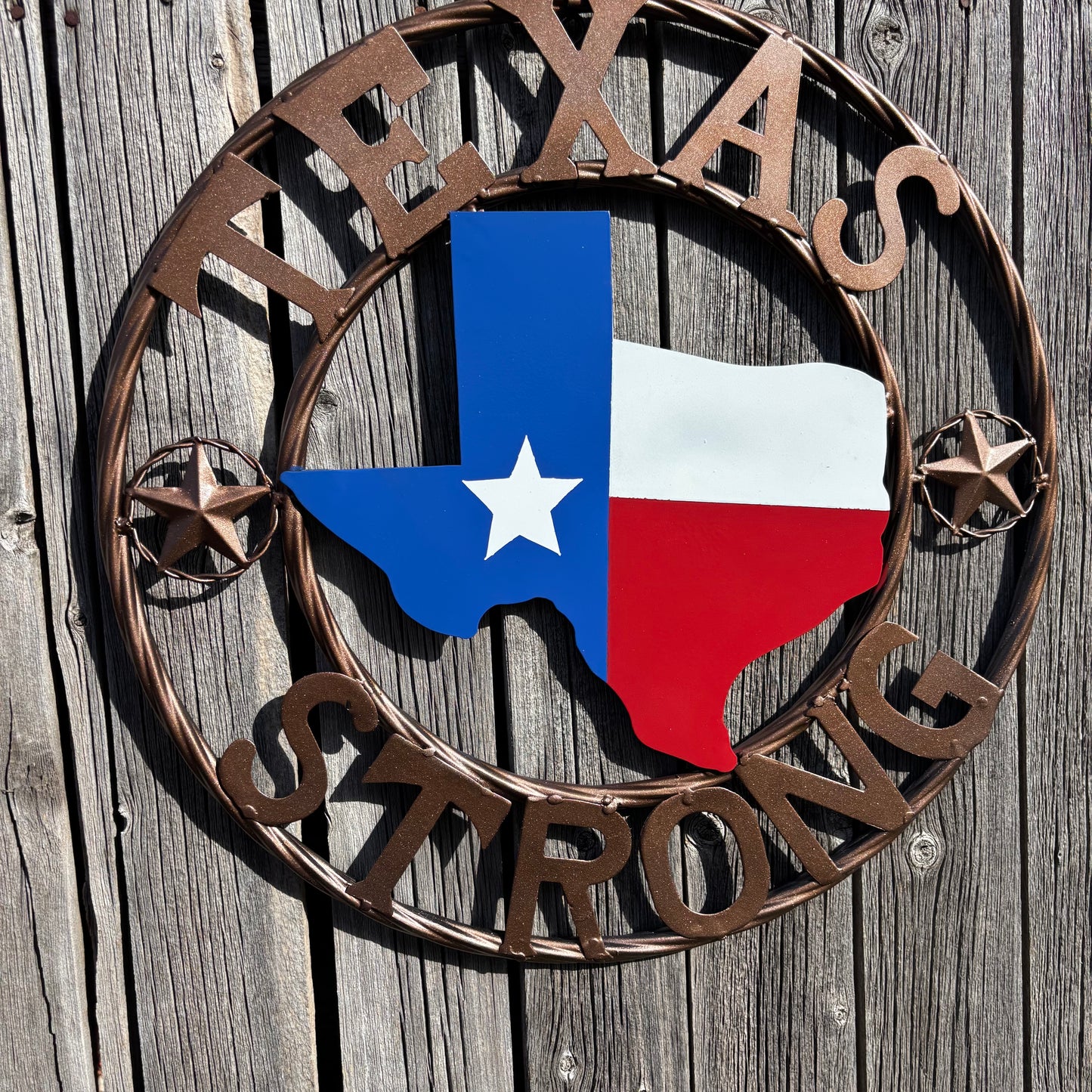 TEXAS STRONG SIGN METAL WALL ART WESTERN HOME DECOR RED WHITE BLUE WITH BRONZE RING HANDMADE #EH13212