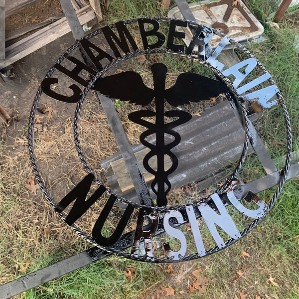 CUSTOM NAME CHAMBERLAIN NURSING STYLE TWISTIED RING BARN RUSTIC BRONZE METAL SIGN WESTERN HOME DECOR HANDMADE 24",32",36"