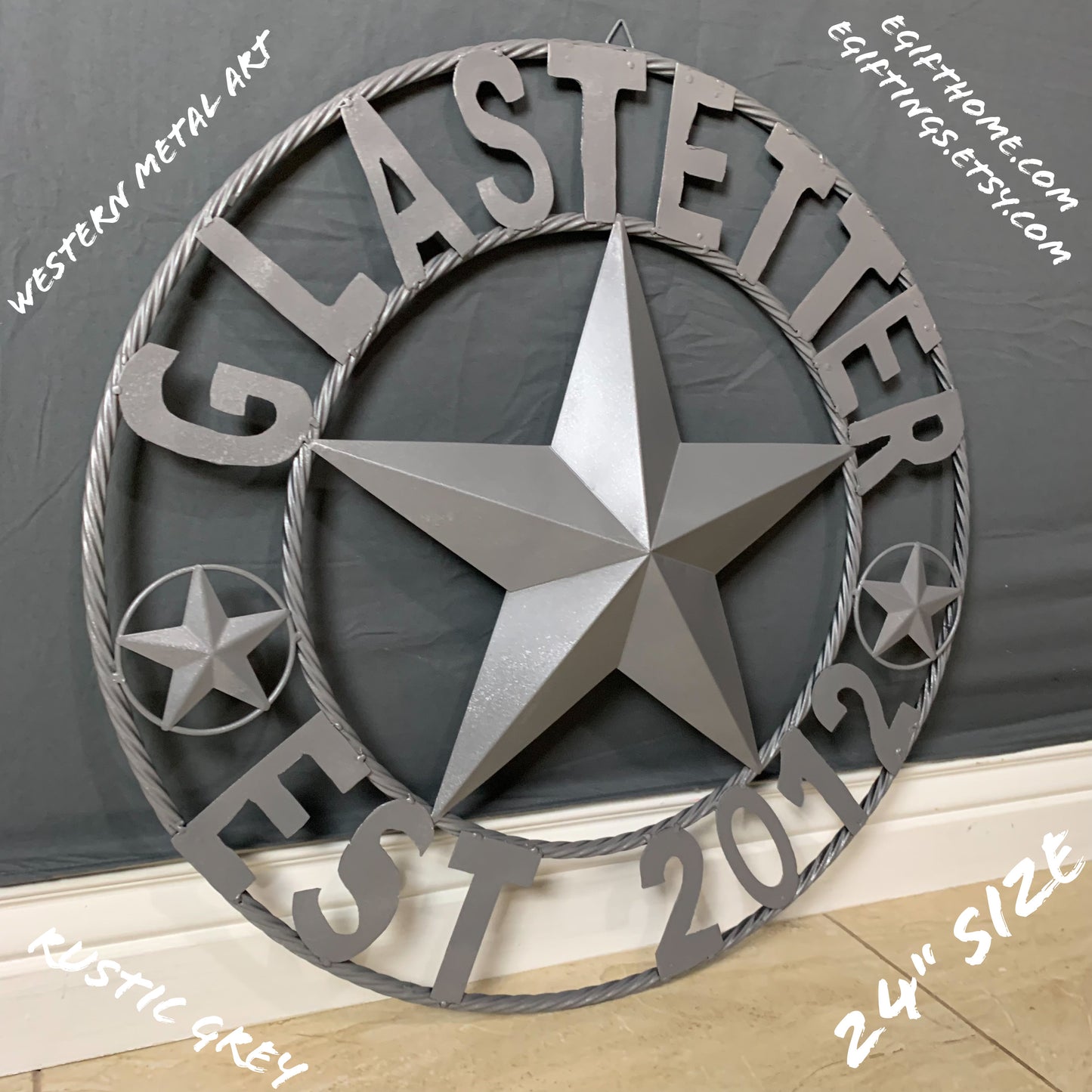 GLASTETTER STYLE YOUR CUSTOM NAME BARN STAR 3d METAL LONE STAR TWISTED ROPE RING WESTERN HOME DECOR RUSTIC GREY HANDMADE 24",32",36",50"