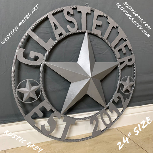 GLASTETTER STYLE YOUR CUSTOM NAME BARN STAR 3d METAL LONE STAR TWISTED ROPE RING WESTERN HOME DECOR RUSTIC GREY HANDMADE 24",32",36",50"