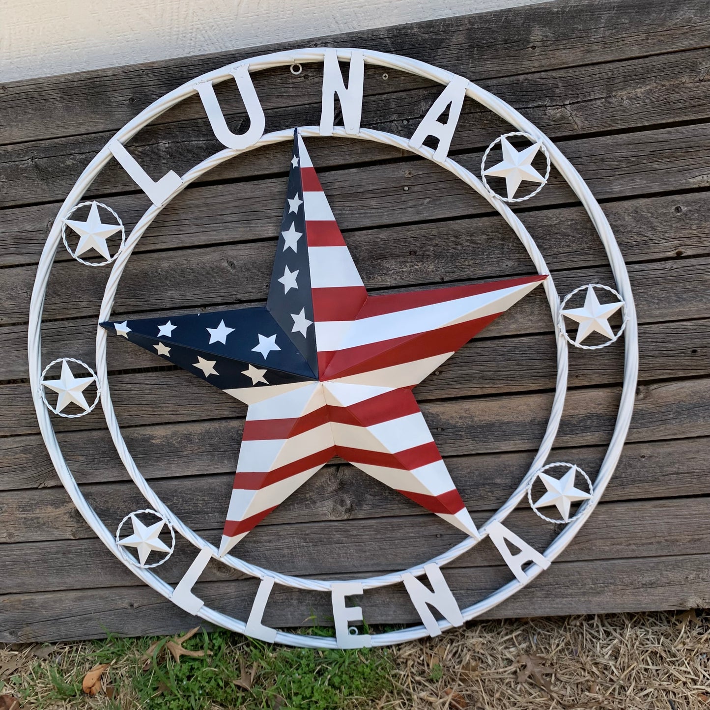 LUNA STYLE CUSTOM NAME BARN STAR METAL STAR 3d TWISTED ROPE RING WESTERN HOME DECOR USA FLAG STAR RED WHOTE & BLUE WITH WHITE RING HANDMADE 24",32",36",50"