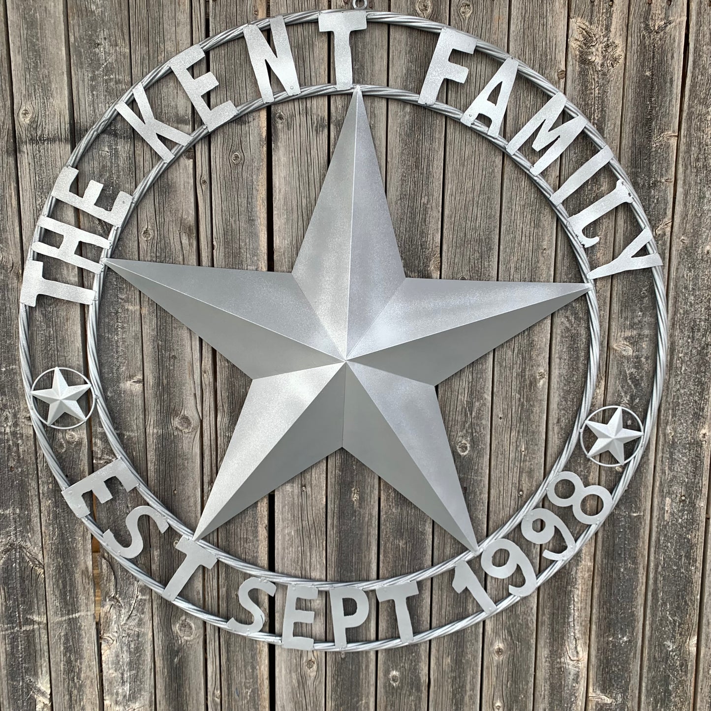 KENT STYLE CUSTOM STAR NAME BARN METAL STAR 3d TWISTED ROPE RING WESTERN HOME DECOR RUSTIC GREY SILVER HANDMADE 24",32",36",50"
