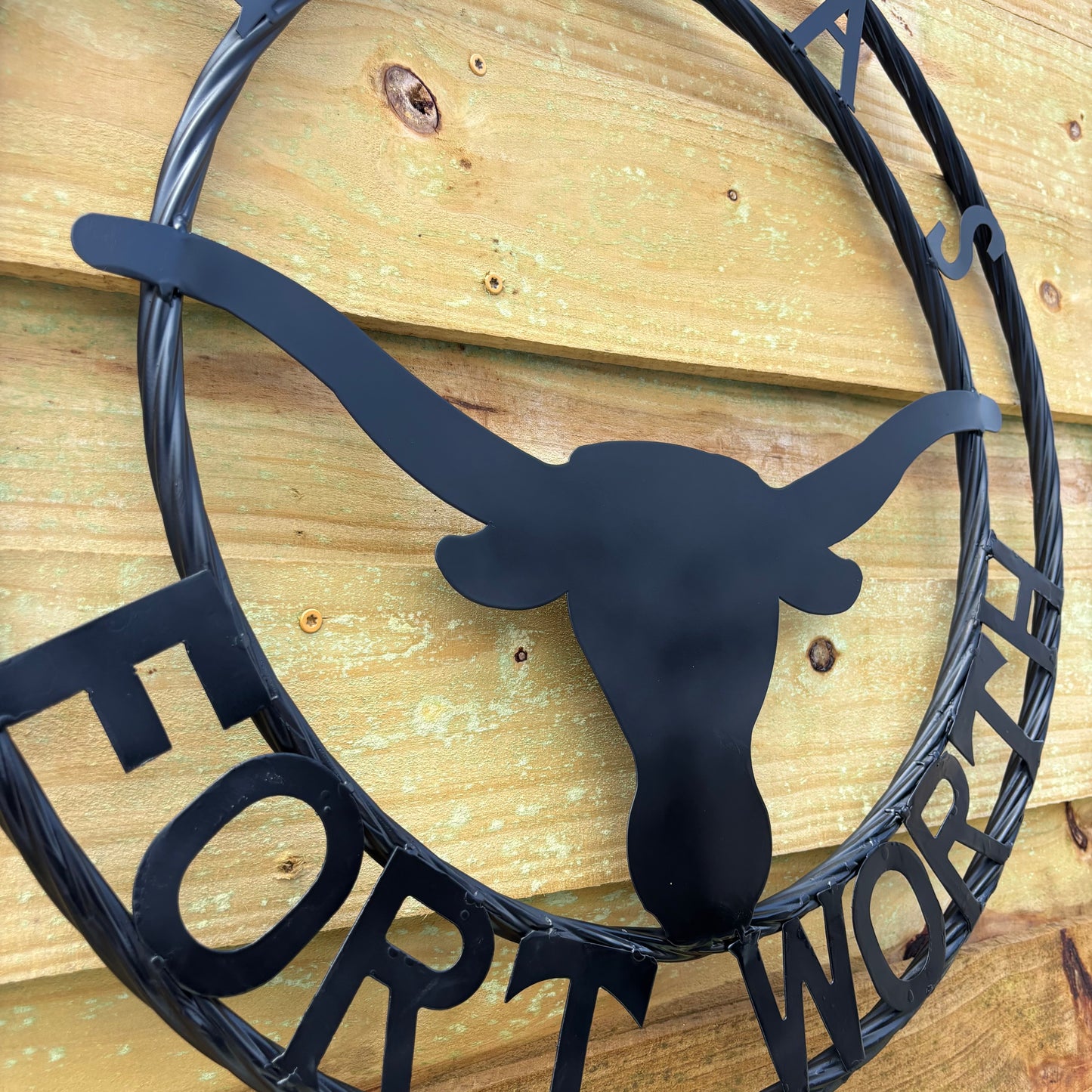 TEXAS FORT WORTH METAL SIGN LONGHORNS BLACK WESTERN HOME DECOR HANDMADE