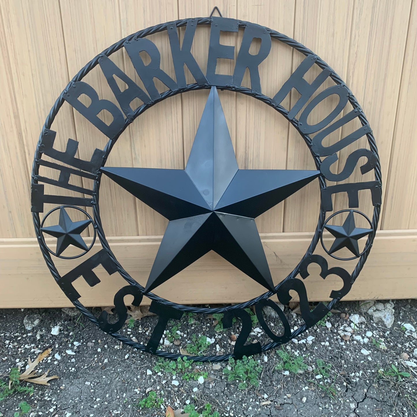 BARKER STYLE CUSTOM NAME STAR BARN METAL STAR 3d TWISTED ROPE RING LONESTAR WESTERN HOME DECOR RUSTIC BLACK HANDMADE 24",32",36",50"