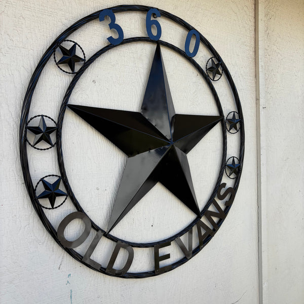 360 OLD EVANS STYLE CUSTOM STAR NAME BARN METAL STAR 3d TWISTED ROPE RING WESTERN HOME DECOR RUSTIC BLACK HANDMADE 24",32",36",50"