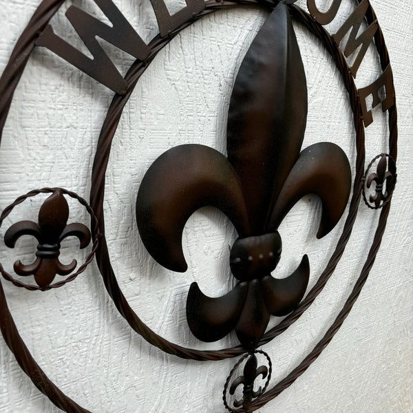 24" WELCOME FLEUR DE LIS METAL WALL ART WESTERN HOME DECOR BROWN NEW #EH11997