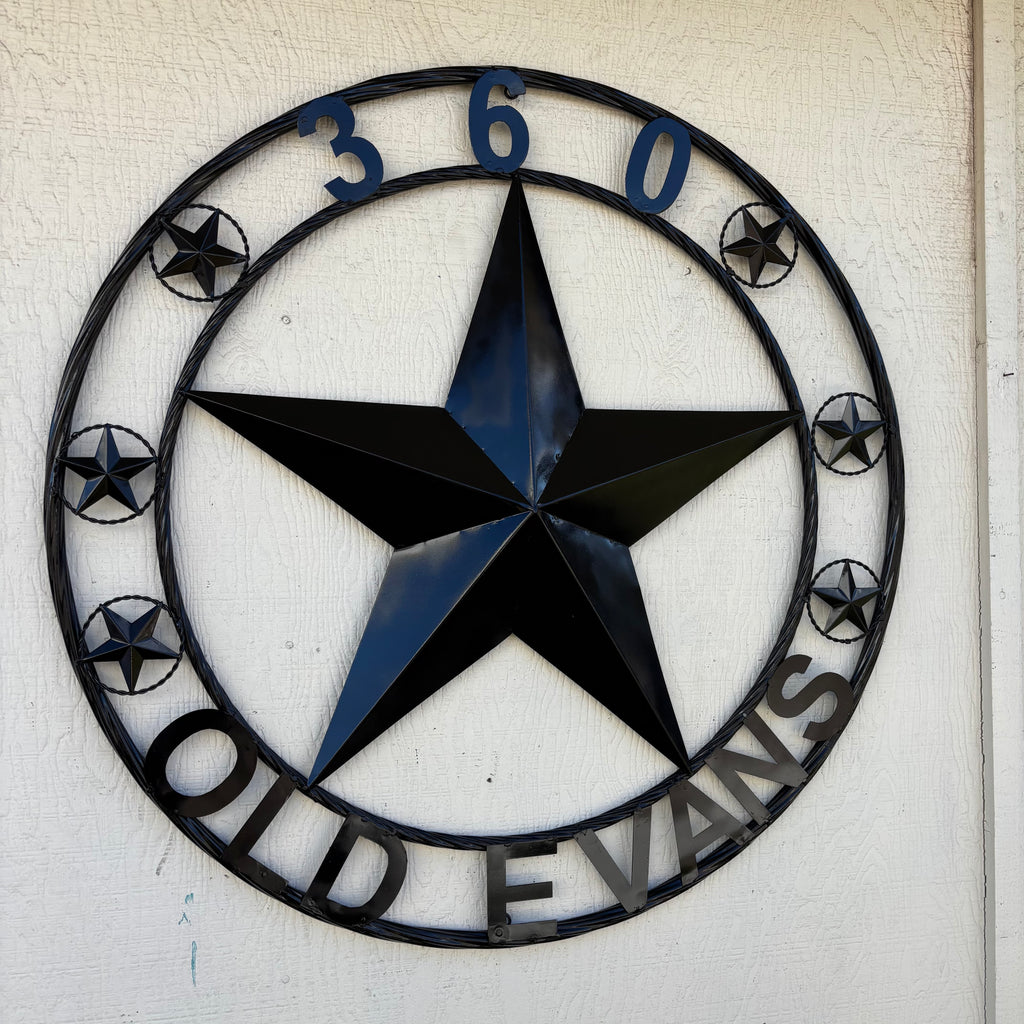 360 OLD EVANS STYLE CUSTOM STAR NAME BARN METAL STAR 3d TWISTED ROPE RING WESTERN HOME DECOR RUSTIC BLACK HANDMADE 24",32",36",50"