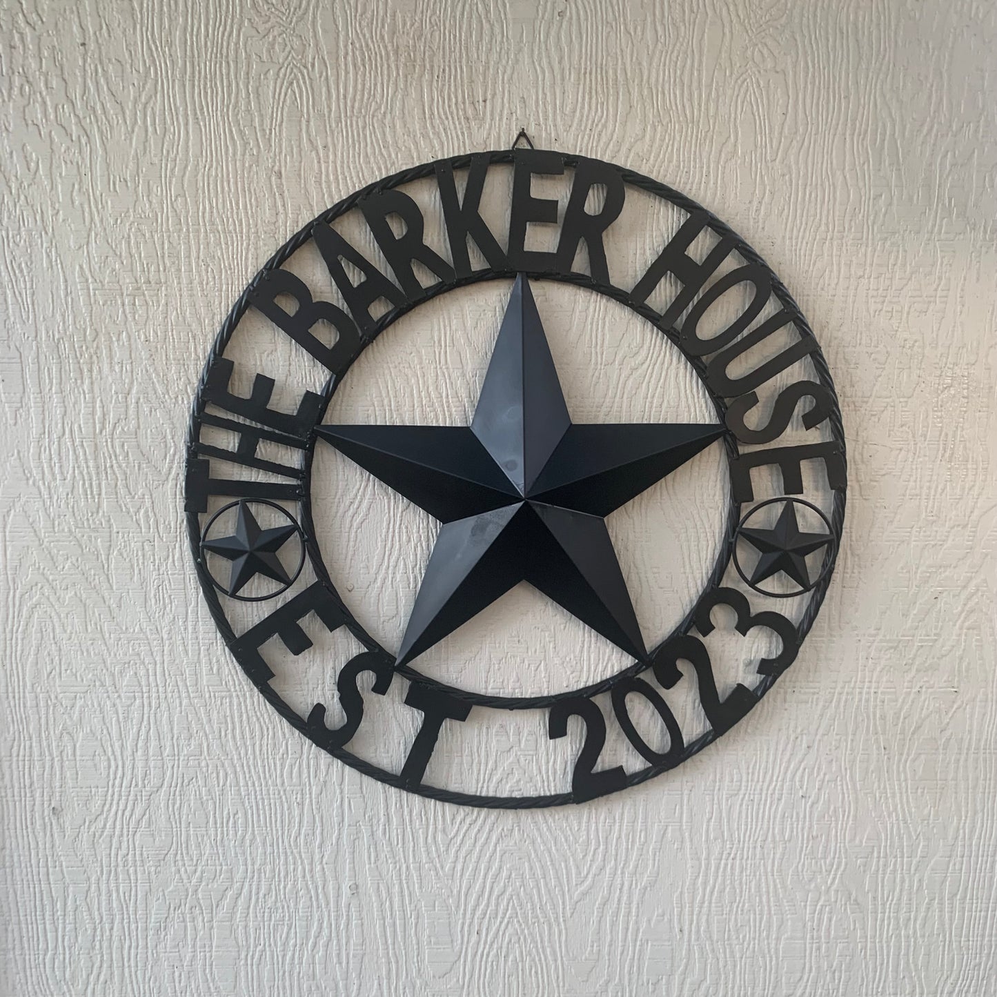 BARKER STYLE CUSTOM NAME STAR BARN METAL STAR 3d TWISTED ROPE RING LONESTAR WESTERN HOME DECOR RUSTIC BLACK HANDMADE 24",32",36",50"