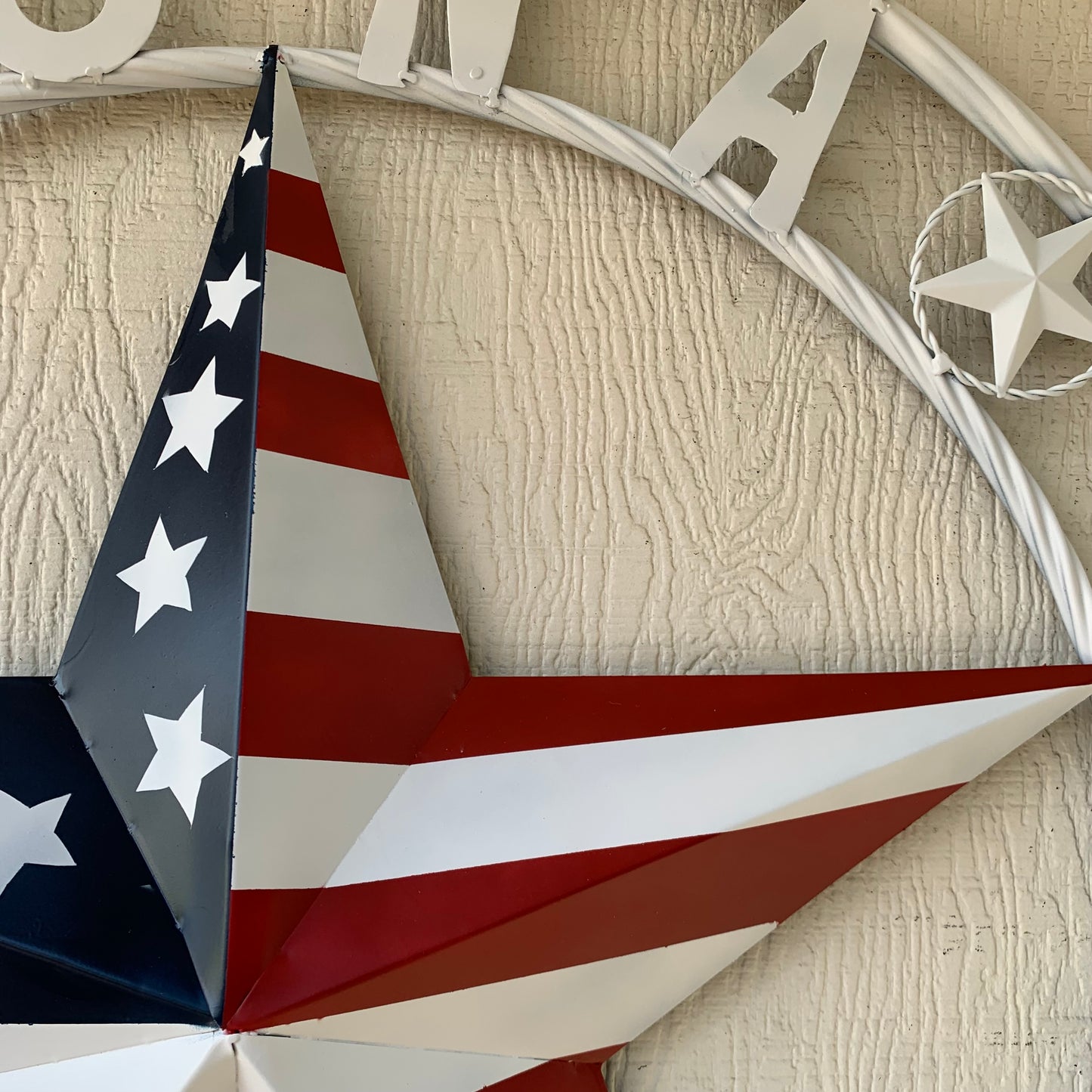 LUNA STYLE CUSTOM NAME BARN STAR METAL STAR 3d TWISTED ROPE RING WESTERN HOME DECOR USA FLAG STAR RED WHOTE & BLUE WITH WHITE RING HANDMADE 24",32",36",50"