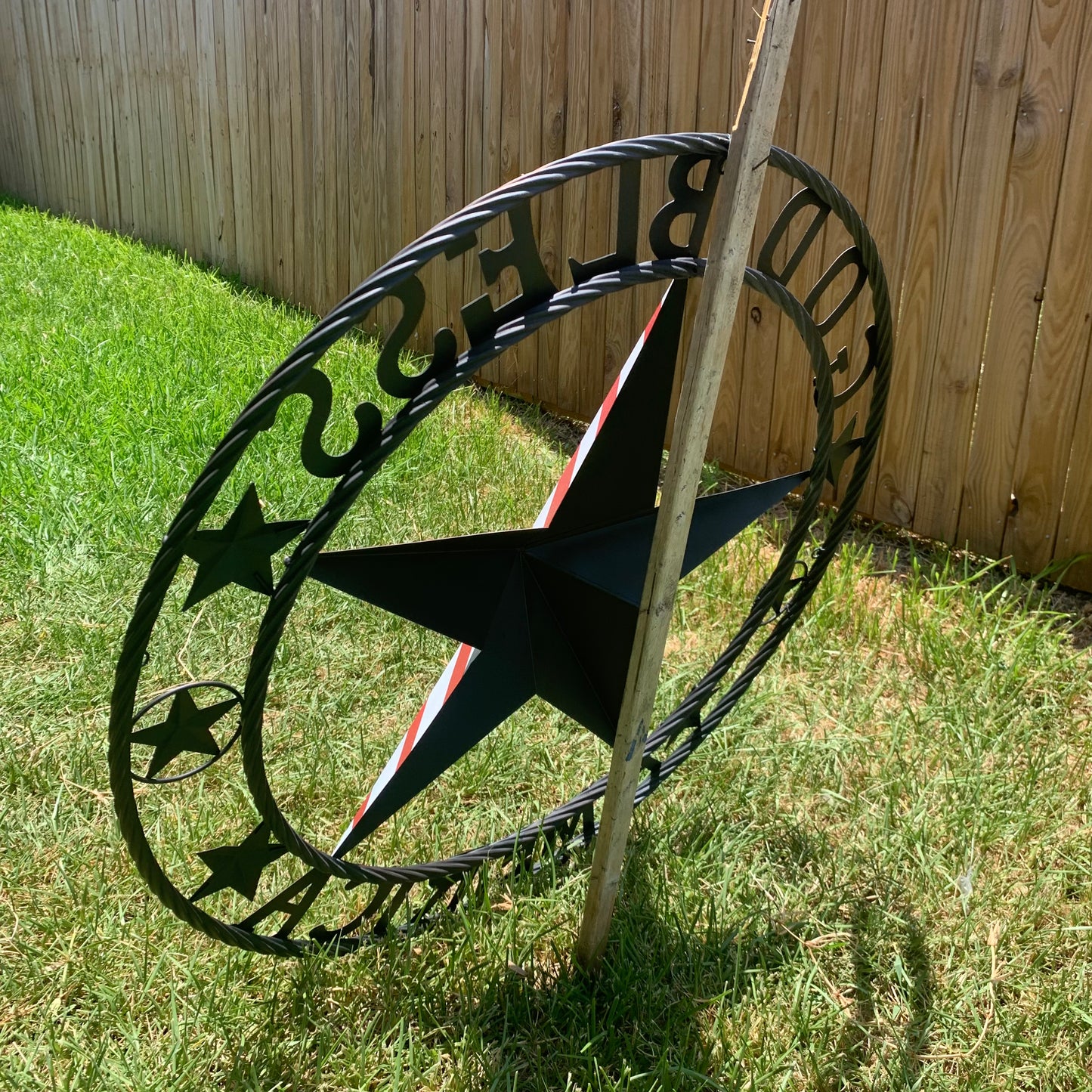 GOD BLESS AMERICA USA FLAG 3d STAR METAL BARN STAR BLACK TWISTED ROPE RING WALL ART WESTERN HOME DECOR RED WHITE & BLUE HANDMADE NEW #EH10490