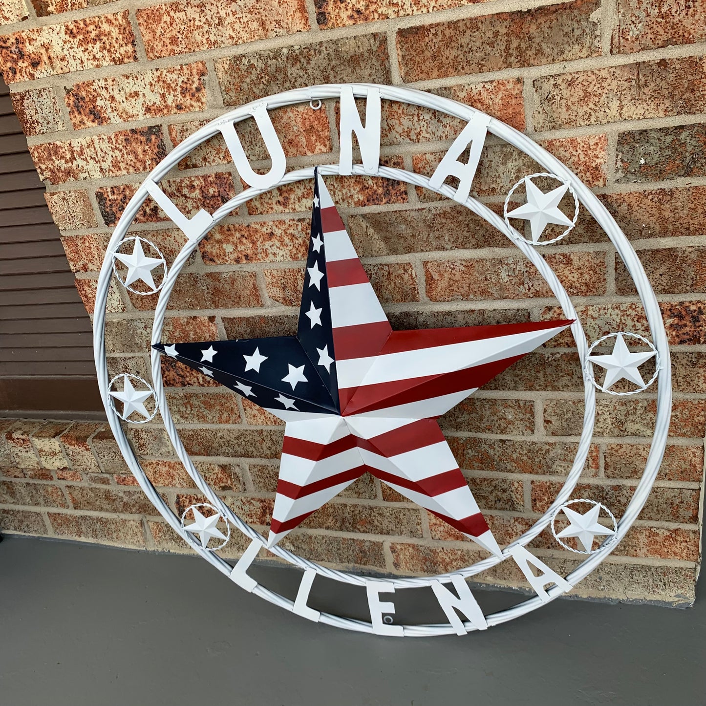 LUNA STYLE CUSTOM NAME BARN STAR METAL STAR 3d TWISTED ROPE RING WESTERN HOME DECOR USA FLAG STAR RED WHOTE & BLUE WITH WHITE RING HANDMADE 24",32",36",50"
