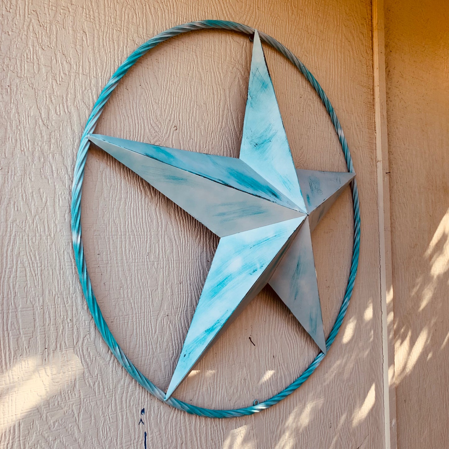 #EH11219 TURQUOISE WHITE DISTRESSED STAR TWO TONE TEXTURE BARN STAR METAL LONESTAR TWISTED ROPE RING WESTERN HOME DECOR HANDMADE NEW