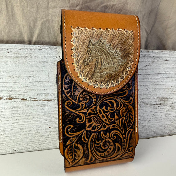 7" HORSE LEATHER HOLSTER TAN POUCH EXTRA LARGE  BELT LOOP CELL PHONE CASE UNIVERSAL OVERSIZE