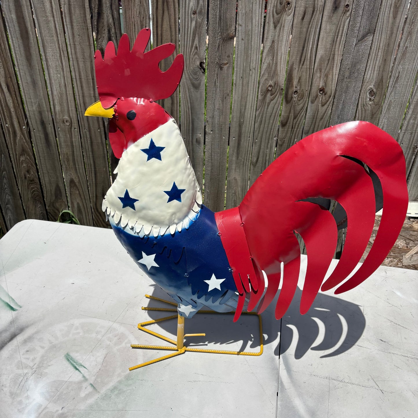 USA FLAG ROOSTER AMERICAN RED WHITE BLUE PATRIOTIC GARDEN METAL SCULPTURE WESTERN HOME DECOR ORNAMENT HANDMADE #34-003