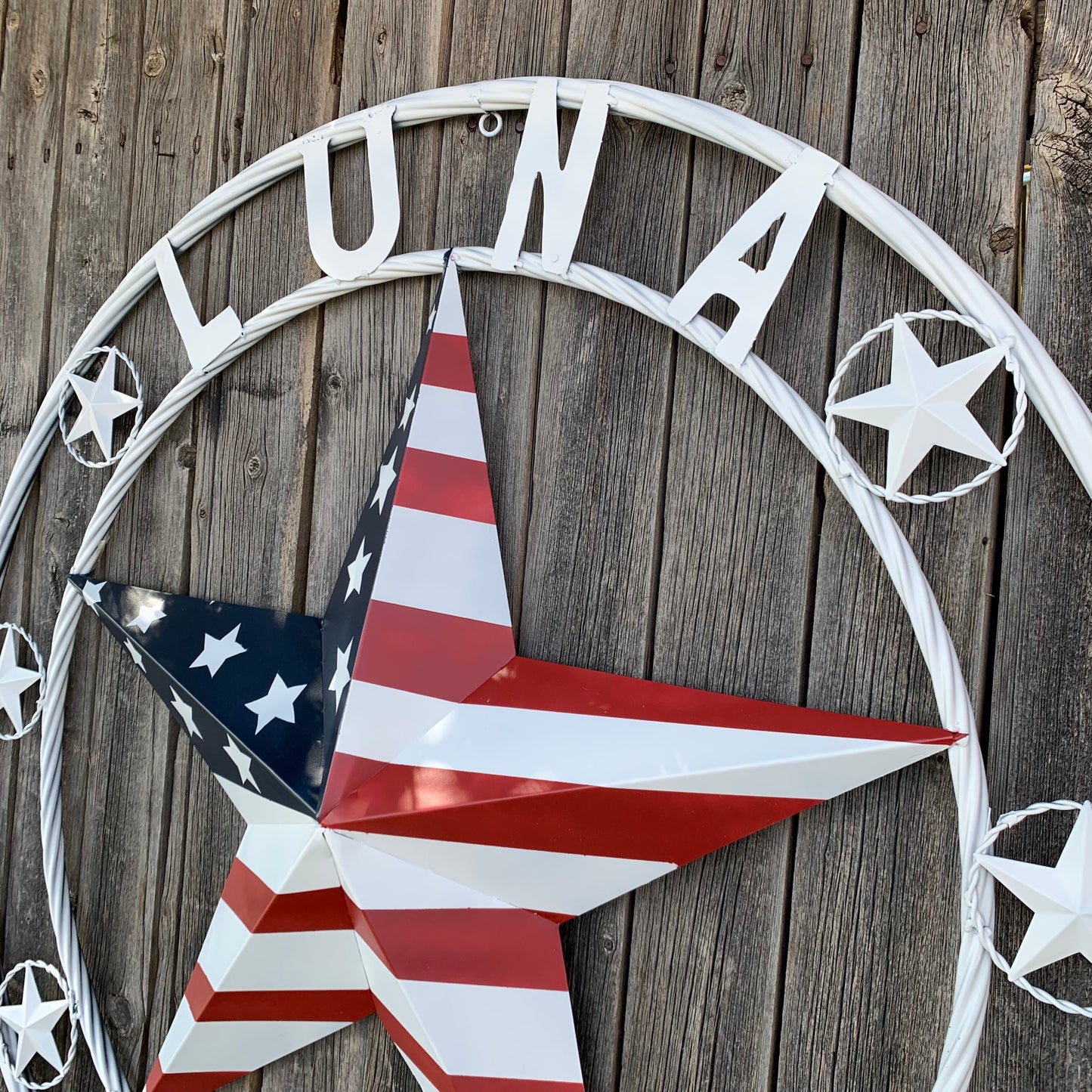 LUNA STYLE CUSTOM NAME BARN STAR METAL STAR 3d TWISTED ROPE RING WESTERN HOME DECOR USA FLAG STAR RED WHOTE & BLUE WITH WHITE RING HANDMADE 24",32",36",50"