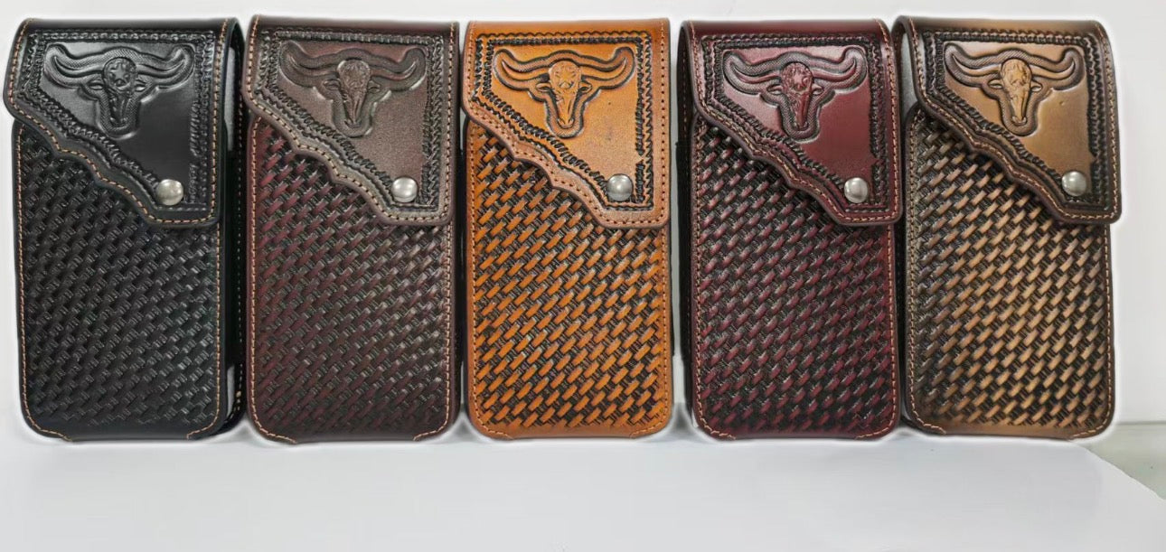 7" LONGHORNS PHONE HOLSTER LEATHER LARGE BELT LOOP CASE UNIVERSAL HANDMADE