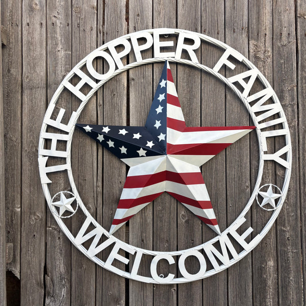HOPPER STYLE YOUR CUSTOM NAME STAR METAL BARN 3d RED WHITE BLUE USA FLAG WITH WHITE TWIST ROPE RING WESTERN HOME DECOR HANDMADE, 24",36",40"