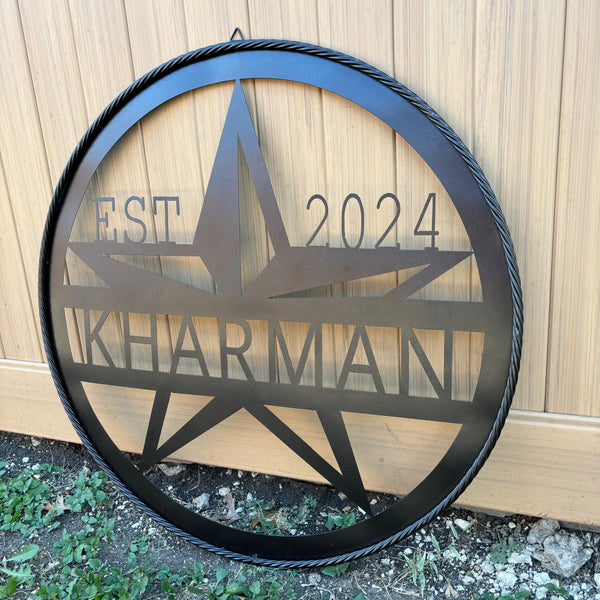 30" KHARMAN CUSTOM NAME SIGN LASERCUT CUSTOM METAL VINTAGE CRAFT SIGN WITH TWISTED ROPE RING WESTERN HOME DECOR HANDMADE NEW