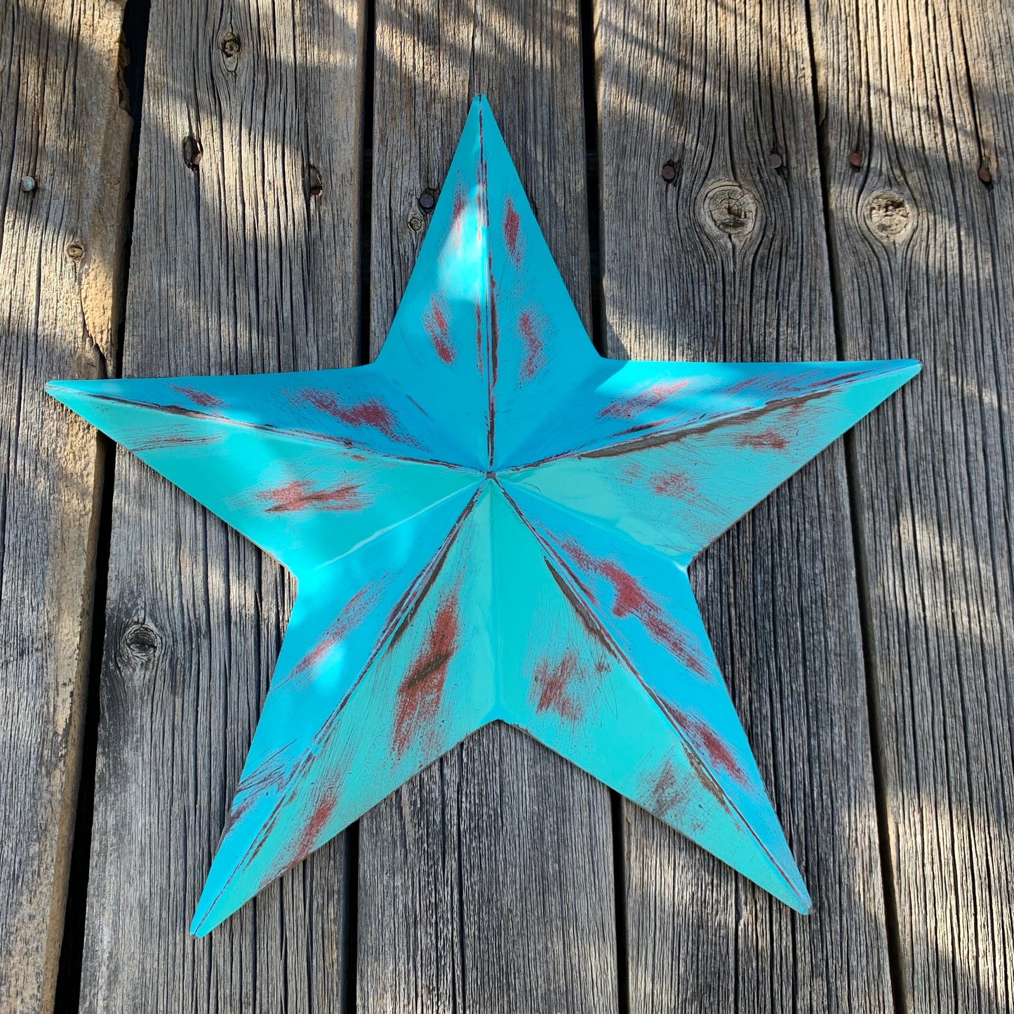 TURQUOISE DISTRESSED TWO TONE BARN STAR METAL ART WESTERN HOME DECOR HANDMADE NEW