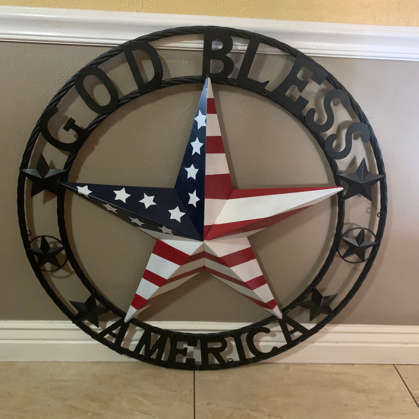 GOD BLESS AMERICA USA FLAG 3d STAR METAL BARN STAR BLACK TWISTED ROPE RING WALL ART WESTERN HOME DECOR RED WHITE & BLUE HANDMADE NEW #EH10490