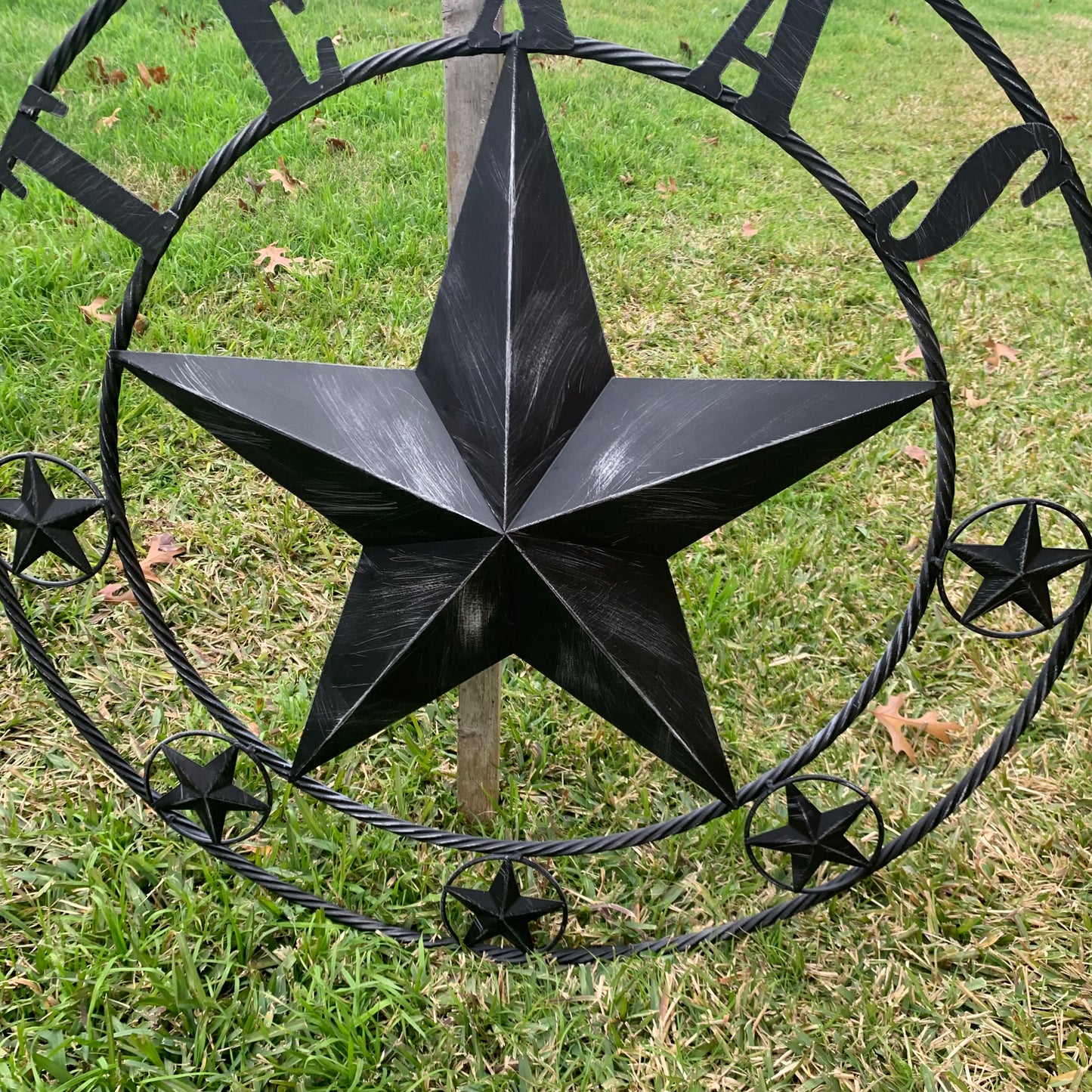 TEXAS BLACK DISTRESSED STAR TWO TONE TEXTURE BARN STAR METAL LONESTAR TWISTED ROPE RING WESTERN HOME DECOR HANDMADE NEW