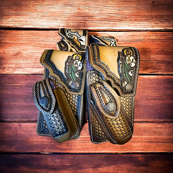 JESUS LEATHER HOLSTER PHONE POUCH WITH KNIFE HOLDER FRONT EXTRA LARGE  BELT LOOP CELL PHONE CASE UNIVERSAL OVERSIZE #EH12978