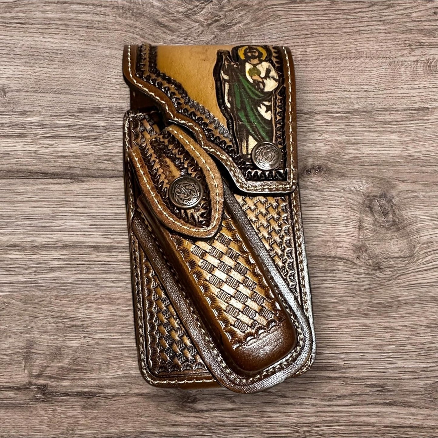 JESUS LEATHER HOLSTER PHONE POUCH WITH KNIFE HOLDER FRONT EXTRA LARGE  BELT LOOP CELL PHONE CASE UNIVERSAL OVERSIZE #EH12978