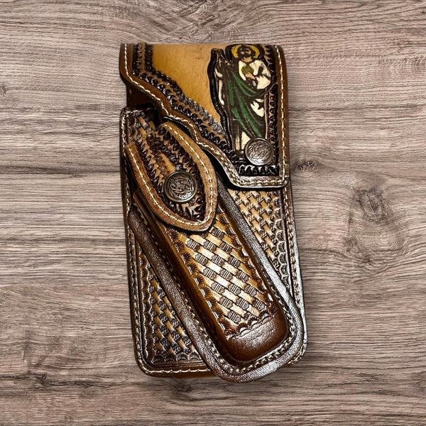 JESUS LEATHER HOLSTER PHONE POUCH WITH KNIFE HOLDER FRONT EXTRA LARGE  BELT LOOP CELL PHONE CASE UNIVERSAL OVERSIZE #EH12978