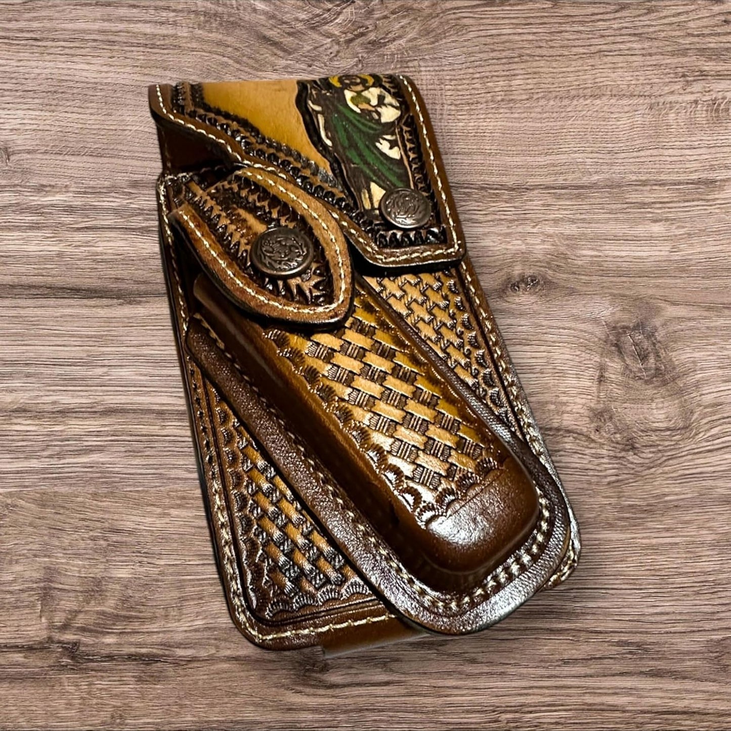 JESUS LEATHER HOLSTER PHONE POUCH WITH KNIFE HOLDER FRONT EXTRA LARGE  BELT LOOP CELL PHONE CASE UNIVERSAL OVERSIZE #EH12978