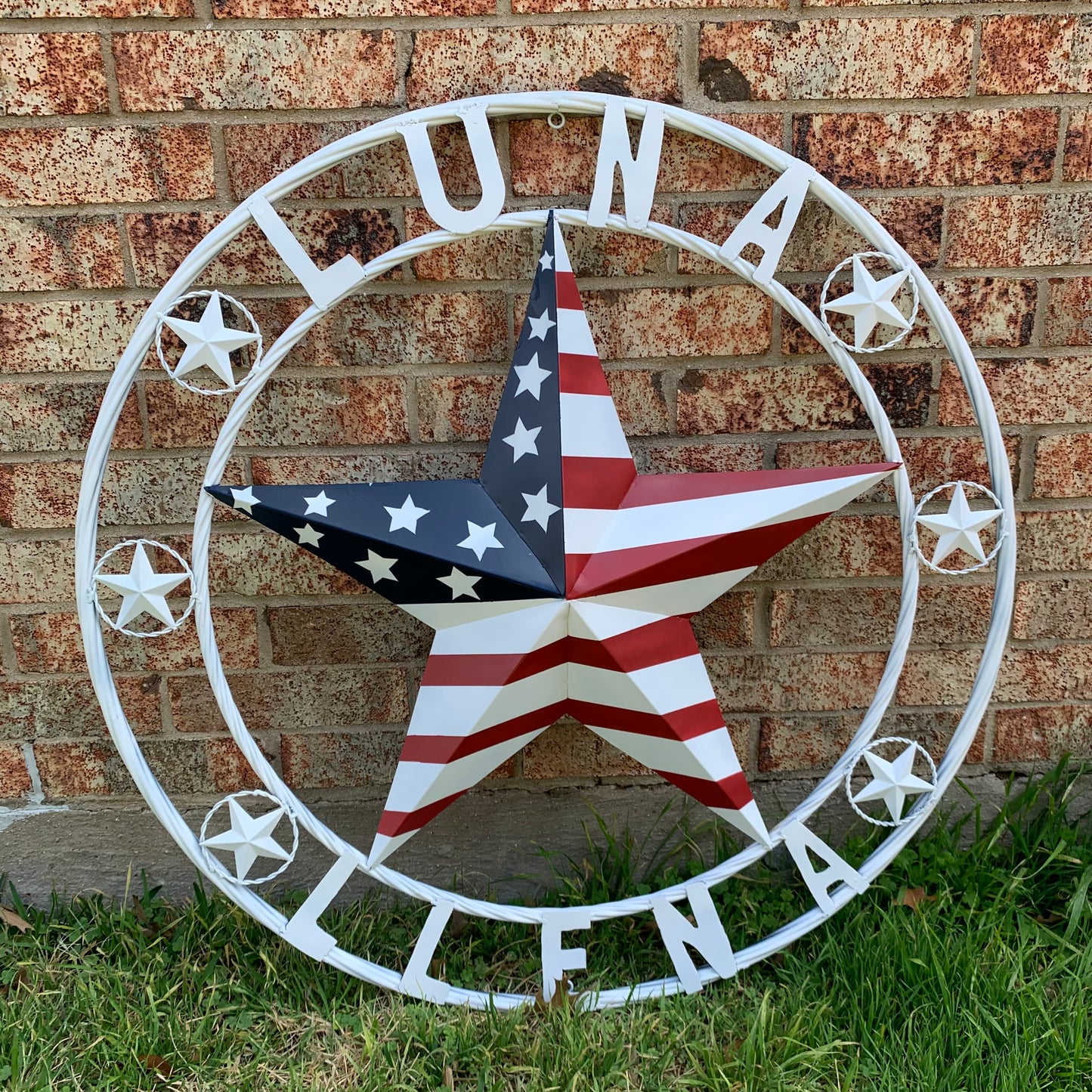 LUNA STYLE CUSTOM NAME BARN STAR METAL STAR 3d TWISTED ROPE RING WESTERN HOME DECOR USA FLAG STAR RED WHOTE & BLUE WITH WHITE RING HANDMADE 24",32",36",50"