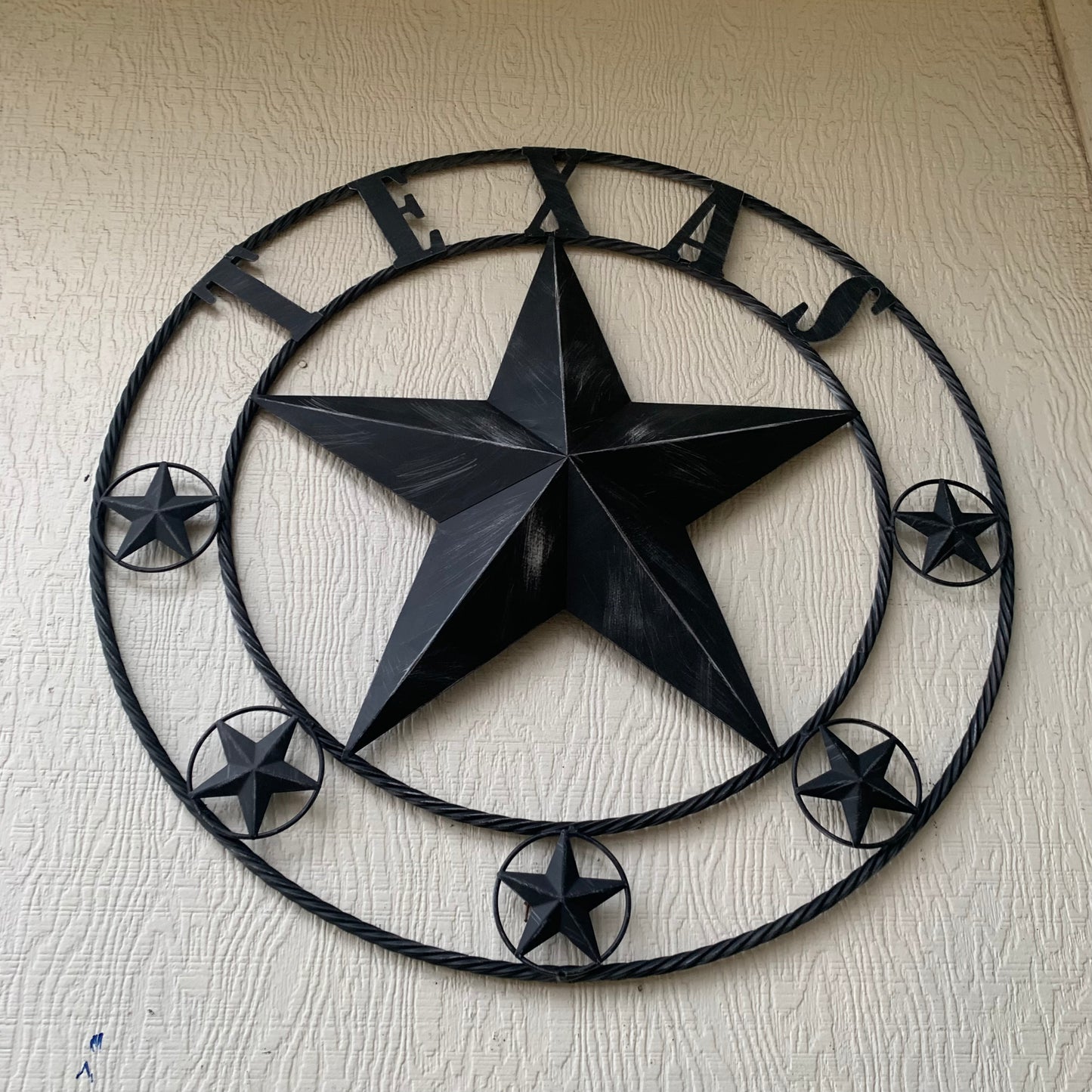 TEXAS BLACK DISTRESSED STAR TWO TONE TEXTURE BARN STAR METAL LONESTAR TWISTED ROPE RING WESTERN HOME DECOR HANDMADE NEW