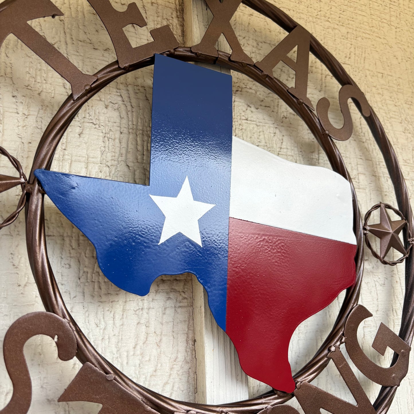 TEXAS STRONG SIGN METAL WALL ART WESTERN HOME DECOR RED WHITE BLUE WITH BRONZE RING HANDMADE #EH13212