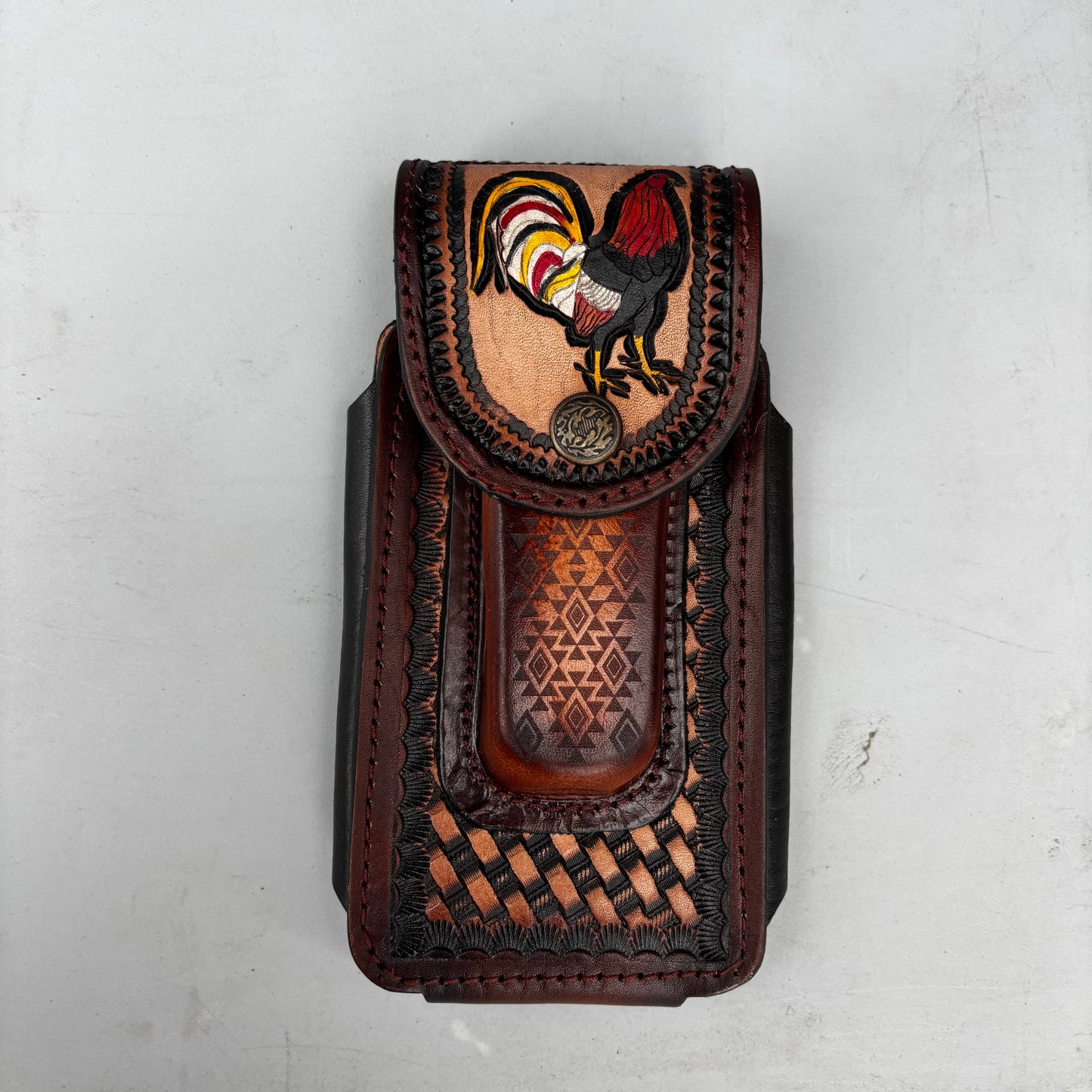 ROOSTER LEATHER HOLSTER 7" PHONE POUCH WITH KNIFE HOLDER FRONT EXTRA LARGE  BELT LOOP CELL PHONE CASE UNIVERSAL OVERSIZE MADE IN MEXICO #EH13860