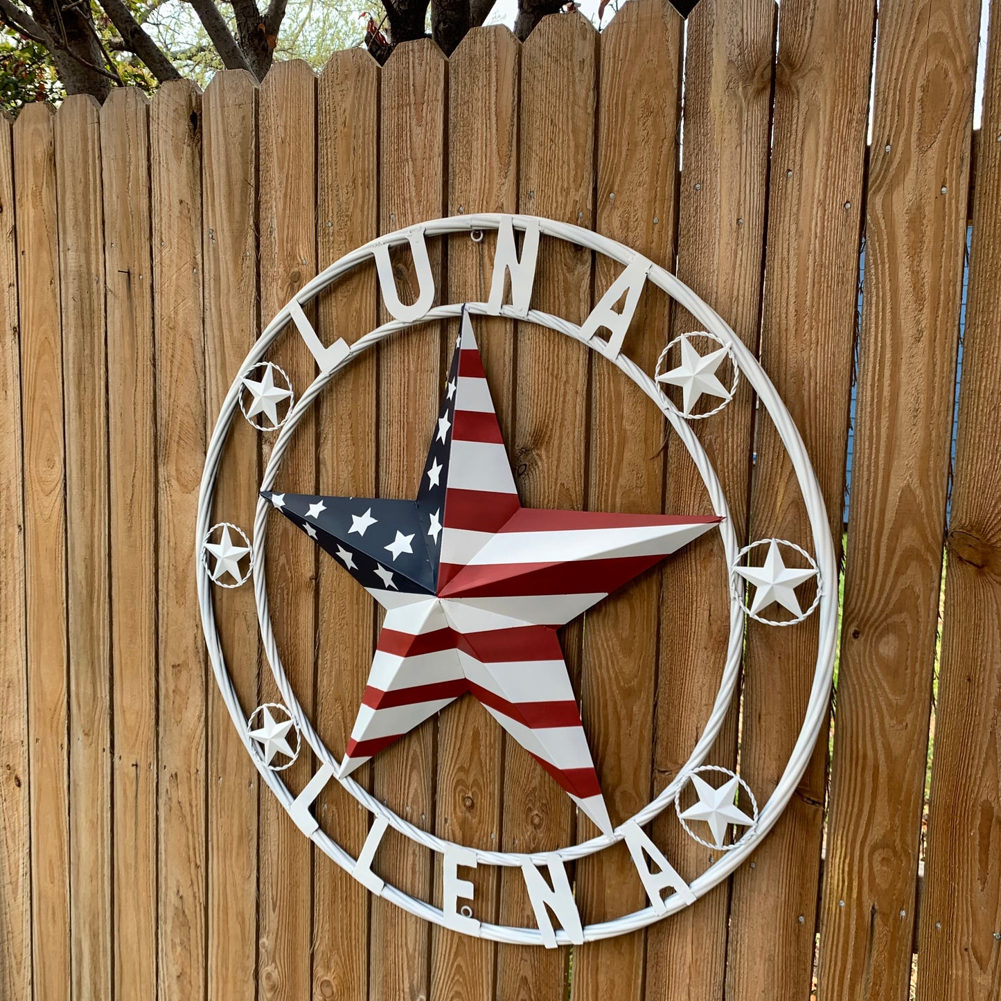 LUNA STYLE CUSTOM NAME BARN STAR METAL STAR 3d TWISTED ROPE RING WESTERN HOME DECOR USA FLAG STAR RED WHOTE & BLUE WITH WHITE RING HANDMADE 24",32",36",50"