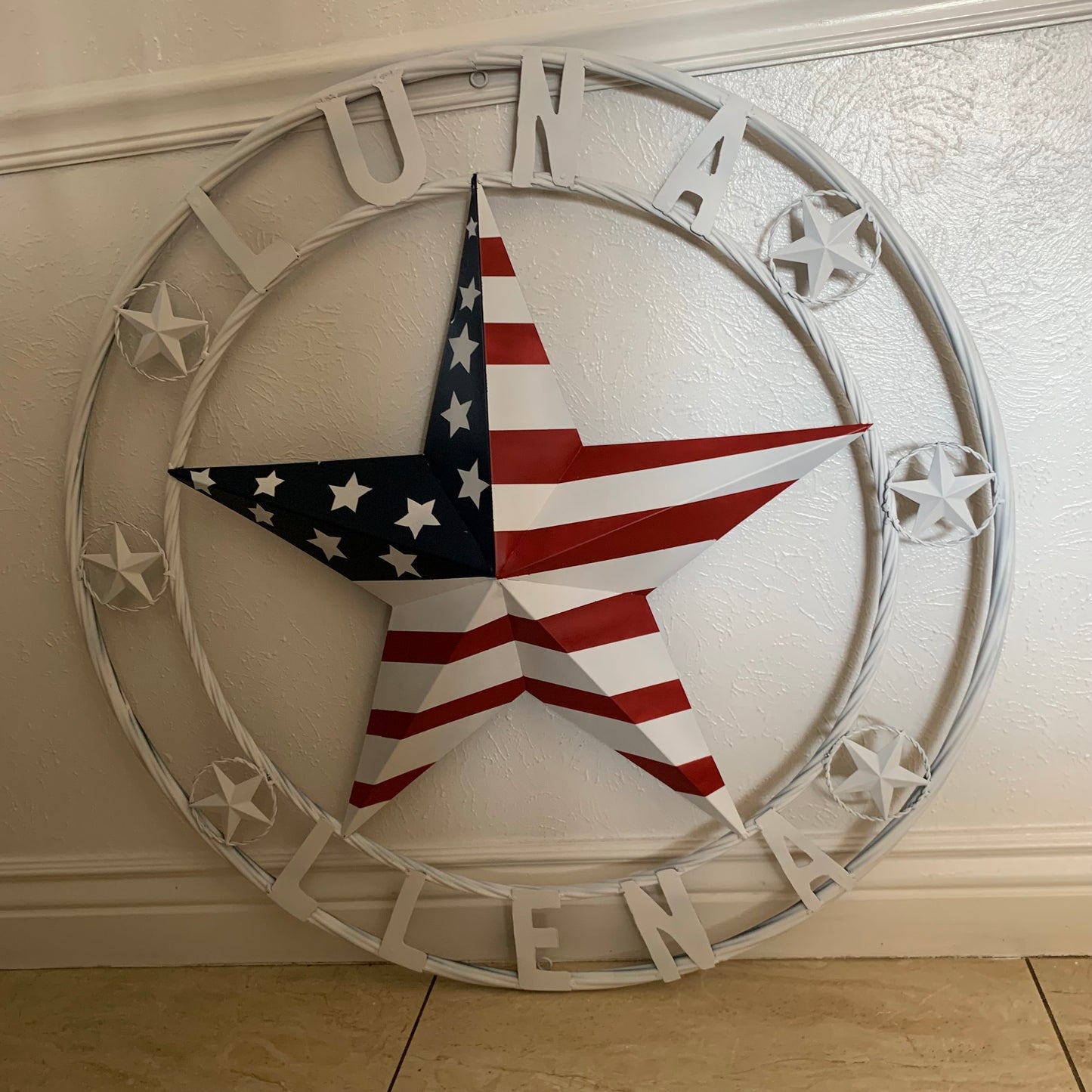 LUNA STYLE CUSTOM NAME BARN STAR METAL STAR 3d TWISTED ROPE RING WESTERN HOME DECOR USA FLAG STAR RED WHOTE & BLUE WITH WHITE RING HANDMADE 24",32",36",50"
