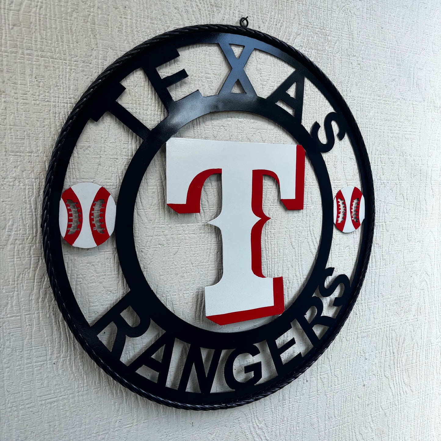TEXAS RANGERS CUSTOM METAL VINTAGE CRAFT TEAM SIGN WHITE & RED & NAVY BLUE RING HANDMADE