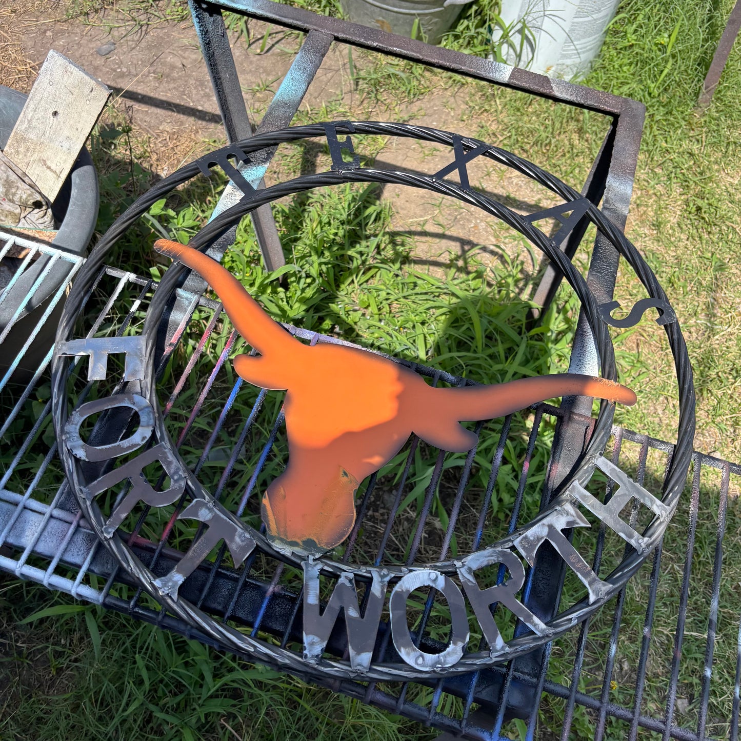 TEXAS FORT WORTH METAL SIGN LONGHORNS ORANGE WESTERN HOME DECOR HANDMADE