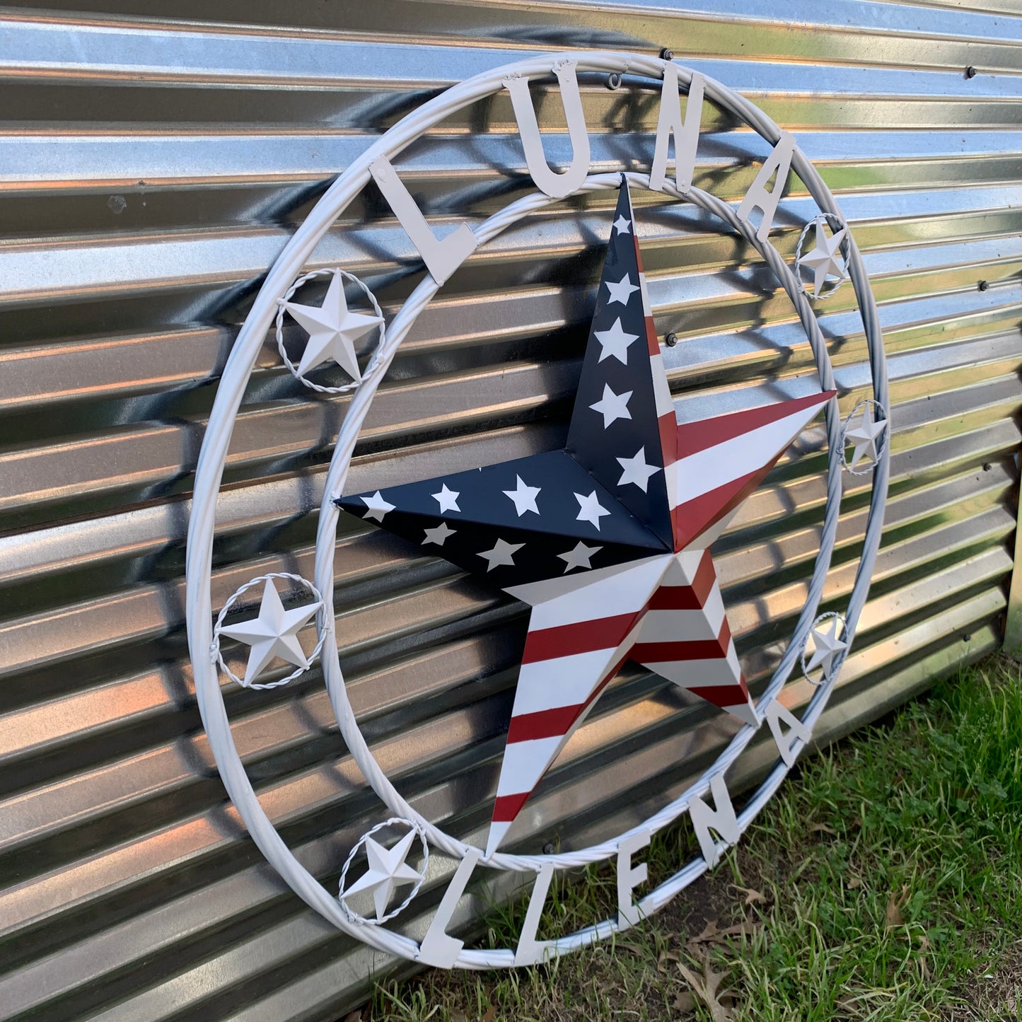 LUNA STYLE CUSTOM NAME BARN STAR METAL STAR 3d TWISTED ROPE RING WESTERN HOME DECOR USA FLAG STAR RED WHOTE & BLUE WITH WHITE RING HANDMADE 24",32",36",50"